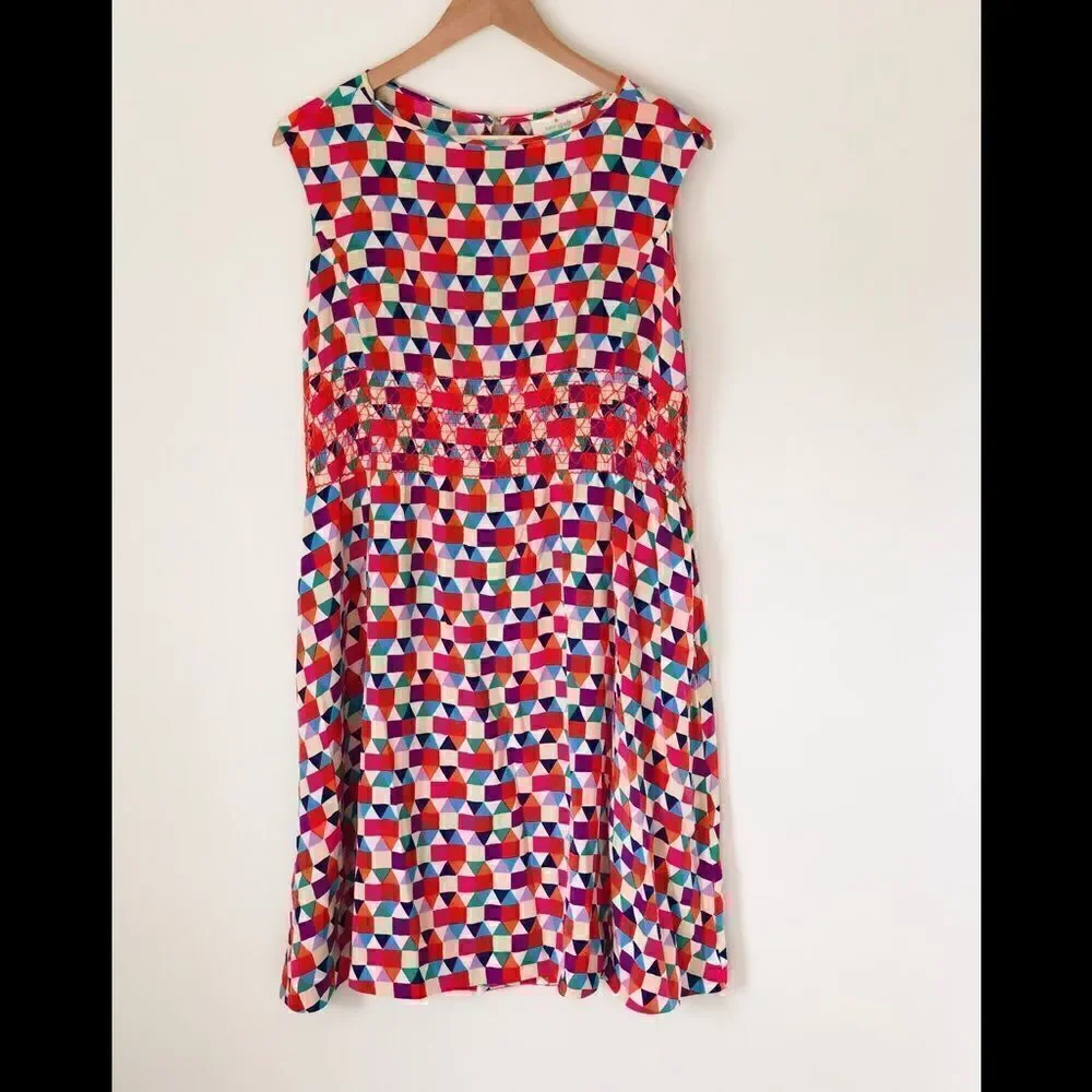 Kate Spade 100% Silk Abbey Sheath Geometric Dress Smocked Waist Size 2